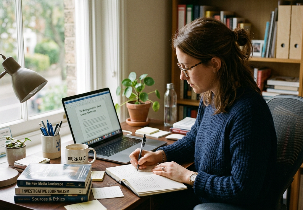 Person writing notes at desk with laptop, books, and coffee mug