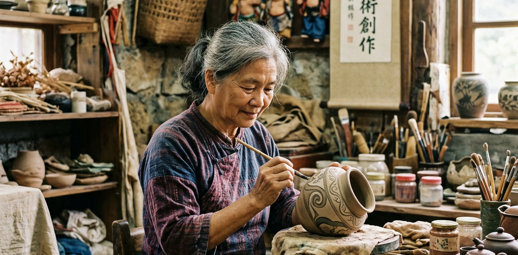 Older woman painting a patterned ceramic pot; scroll reads “文化根源 衍創作”.